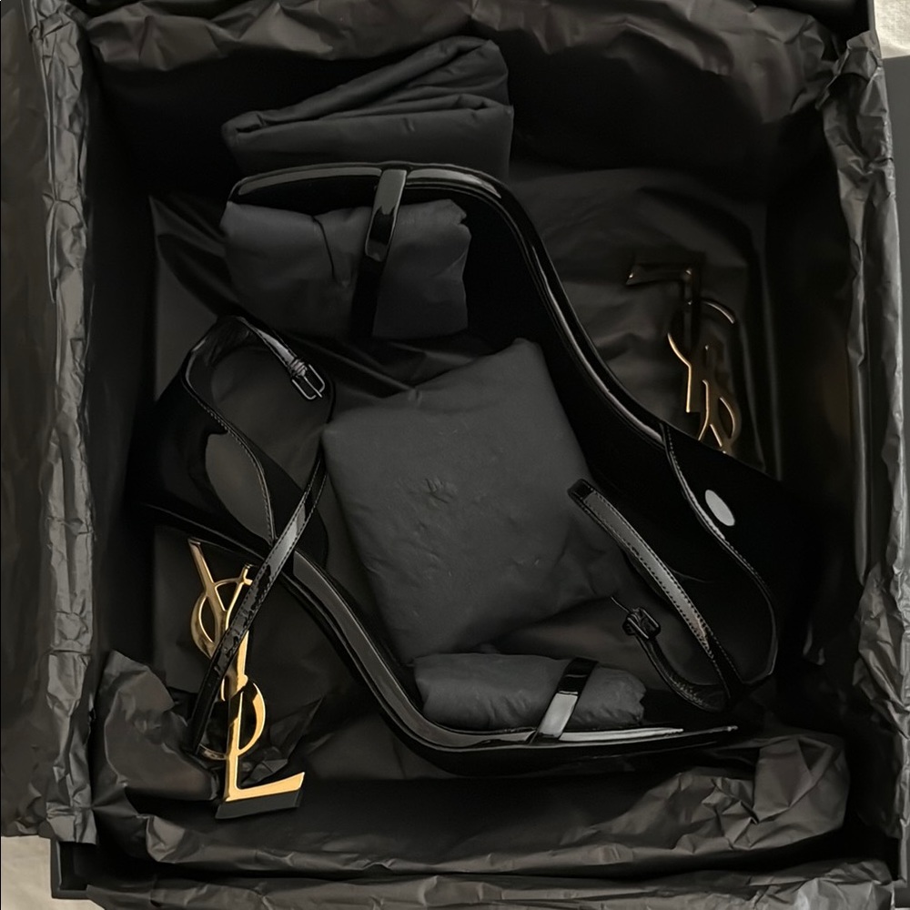 YSL Black Patent Leather Heels with Gold Logo